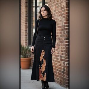 Vtg Lei‎ Black A-Line Skirt with Orange Pattern